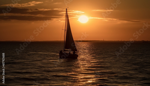 Sailboat silhouette back lit by sunset on tranquil seascape horizon generated by AI © Jemastock