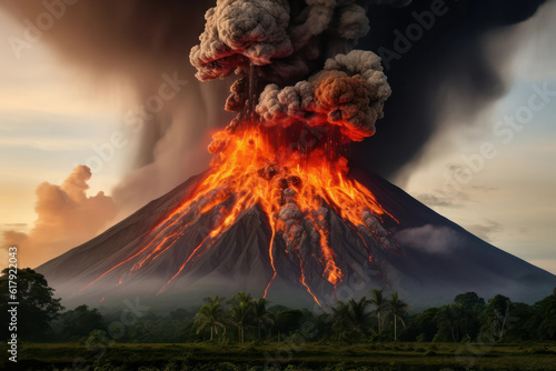 A portrayal of volcanic lightning illuminating the night sky above an active volcano, capturing the dramatic and electrifying nature of volcanic activity in