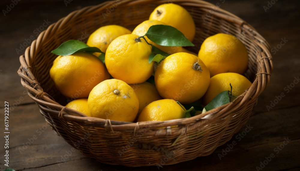 Fresh citrus fruits in a wicker basket on a rustic table generated by AI