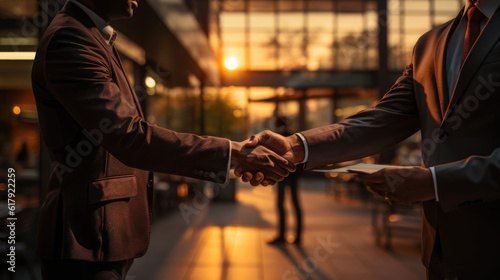 Close-up of two businessmen shaking hands in office. Business concept. Generative AI.
