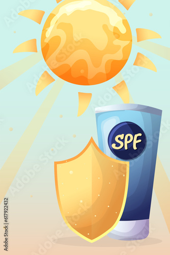 This vector picture features a vibrant illustration centered around sun protection.The sunscreen bottle is prominently displayed, emphasizing the importance of UV protection.