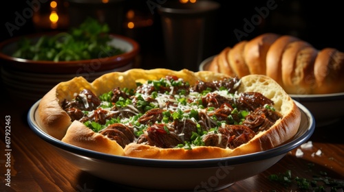 Traditional Turkish Pide in a bowl, close-up. Created with generative AI.