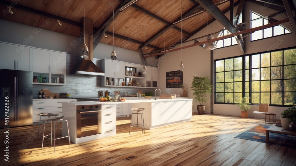 Spacious loft style kitchen with dining area. White facades, open shelves, large kitchen island, modern kitchen appliances, wooden floor, wooden ceiling with beams, green plants, panoramic windows.