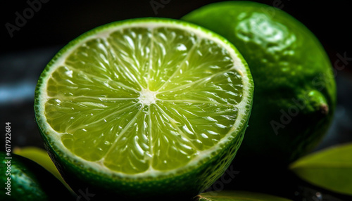 Juicy citrus slice adds freshness to mojito cocktail on green leaf generated by AI