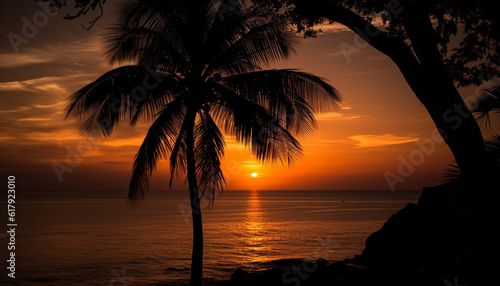 Tranquil sunset silhouette, palm tree beauty in nature reflection generated by AI