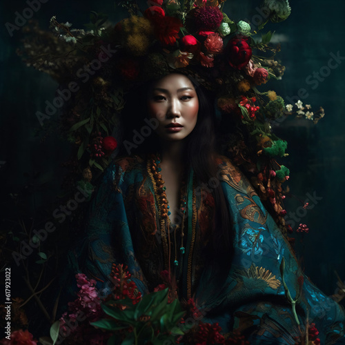 An asian woman with flowers on her head sitting in front of a dark background Generative Ai