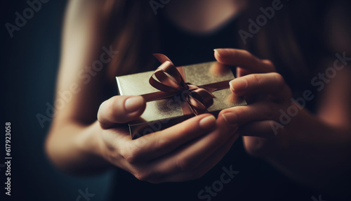 Wallpaper Mural One woman holding gift box, wrapped with love and happiness generated by AI Torontodigital.ca