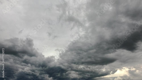 Timelapse 4k resolution of dramatic dark clouds on a summer rainy day. Cloudscape time-lapse stormy clouds at sunset time. Clouds move fast in the sky. Gray clouds roll over the atmosphere, 