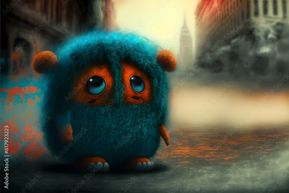 fluffy cute adorable three eyes three legs teal and orange alien monster all alone in a deserted apocalyptic city looking lonely and sad 