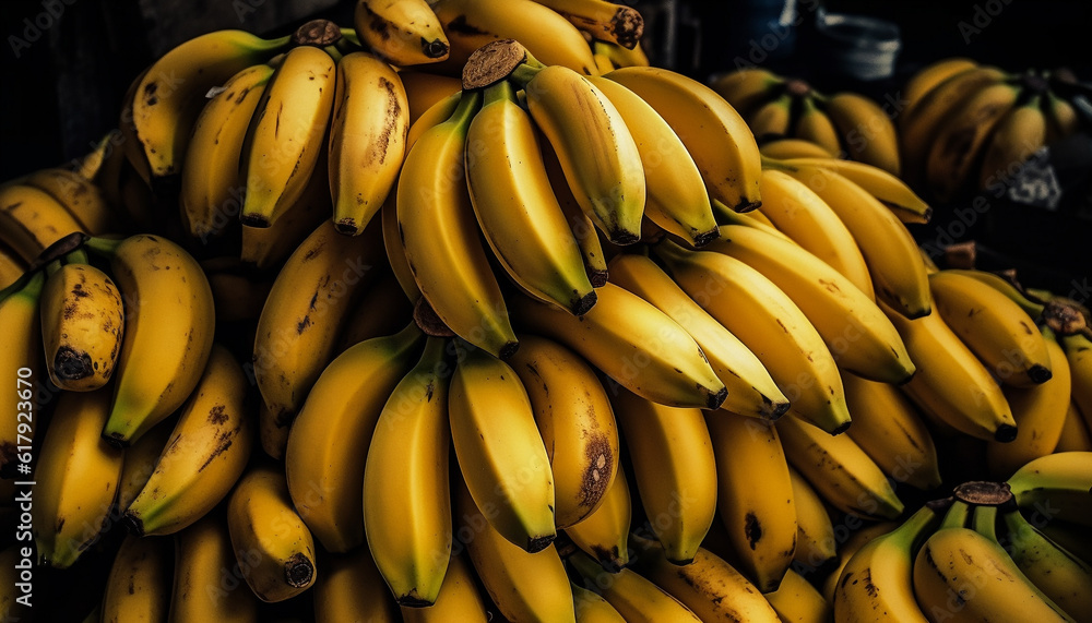 Fresh organic bunch of ripe bananas, a healthy tropical snack generated by AI