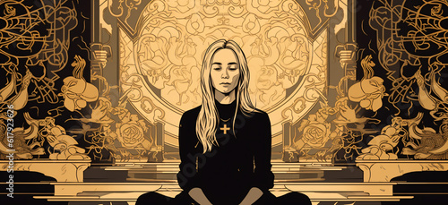 A woman praying wearing a Christian cross necklace background Generative Ai
