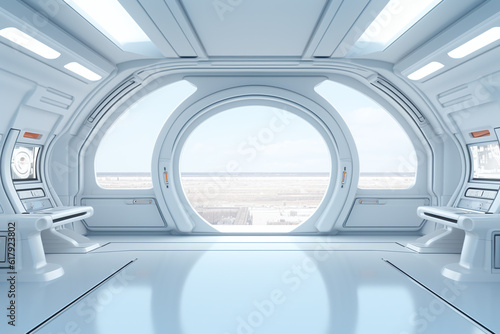 The bright white interior of a spaceship. you can see the ground through the window. Generative AI