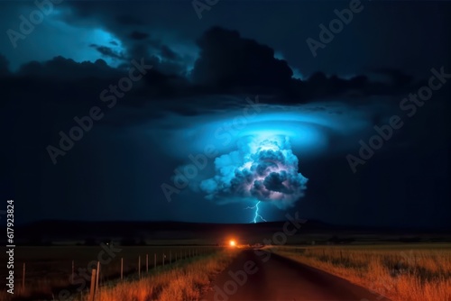 View of a stormy night sky over a road running through a field. Severe thunderstorm  cumulonimbus clouds and lightning. Colorful dramatic landscape. Dark blue sky with amazing clouds over the horizon.