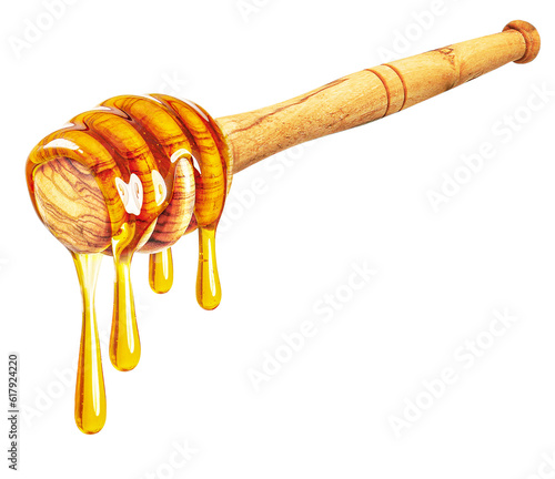 honey dripping dipper isolated on white background