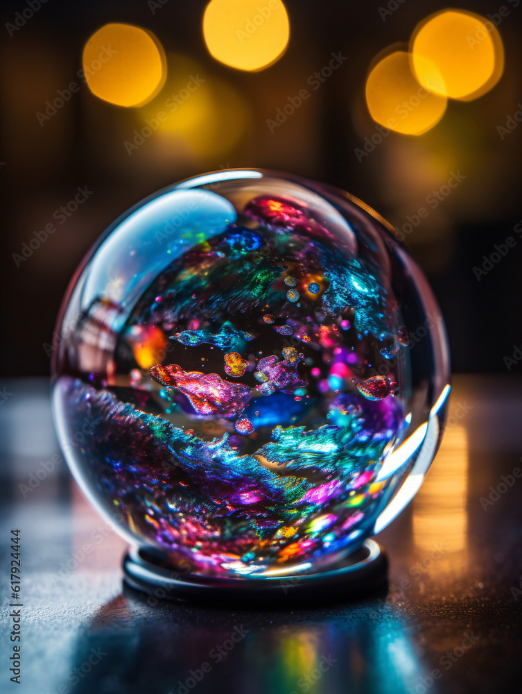 A glass ball with colorful glitter sitting on top of a table Generative Ai A glass ball with colorful glitter sitting on top of a table Generative Ai