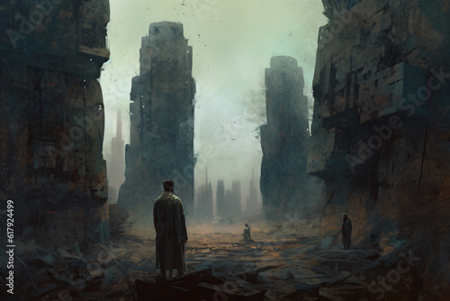 A man standing in the middle of a ruined city Generative Ai
