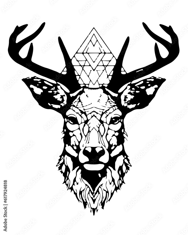 black and white deer on the background of a boho style triangle motif, a symbol of indigenous indians from north america, generative AI black and white deer on the background of a boho style triangle motif, a symbol of indigenous indians from north america, generative AI