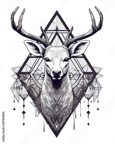 black and white deer on the background of a boho style triangle motif, a symbol of indigenous indians from north america, generative AI