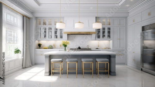Modern classic kitchen in a luxury apartment. Large kitchen island with marble top and bar stools, glazed cabinets, luxurious chandelier, gilded details, modern kitchen appliances. 3D rendering.