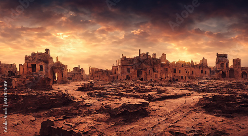 ruined city in the middle of the desert with a beautiful sunset