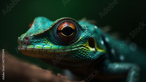 A close up of a green and yellow lizard Generative Ai