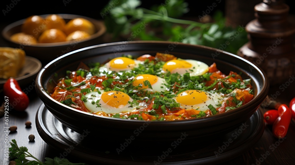 Traditional Turkish Menemen in a bowl, close-up. Created with generative AI. Traditional Turkish Menemen in a bowl, close-up. Created with generative AI.