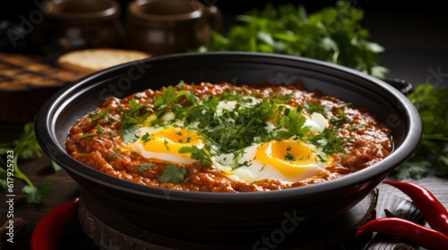 Traditional Turkish Menemen in a bowl, close-up. Created with generative AI.