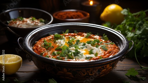 Traditional Turkish Menemen in a bowl, close-up. Created with generative AI.