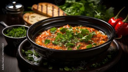 Traditional Turkish Menemen in a bowl, close-up. Created with generative AI.