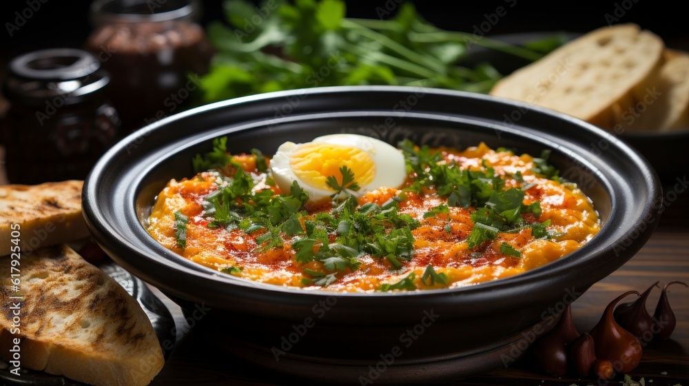 Traditional Turkish Menemen in a bowl, close-up. Created with generative AI. Traditional Turkish Menemen in a bowl, close-up. Created with generative AI.