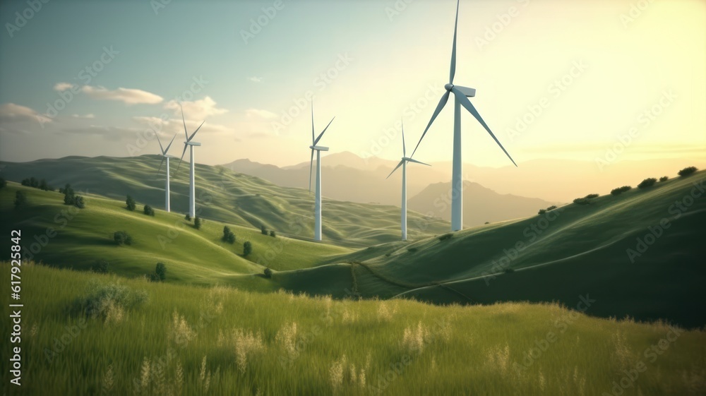Wind turbines on the green hills against the colorful sunset sky. Production of renewable green energy. Sustainable development concept. Mockup, 3D rendering. Wind turbines on the green hills against the colorful sunset sky. Production of renewable green energy. Sustainable development concept. Mockup, 3D rendering.