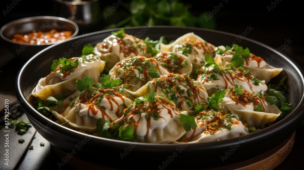 Traditional Turkish Manti in a bowl, close-up. Created with generative AI. Traditional Turkish Manti in a bowl, close-up. Created with generative AI.