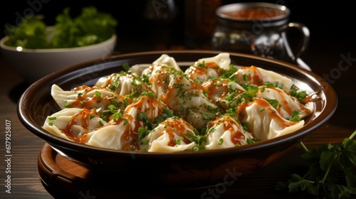 Traditional Turkish Manti in a bowl, close-up. Created with generative AI.