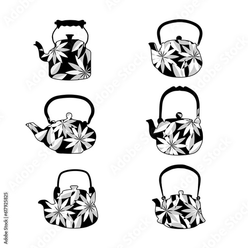 Collection stylized illustration of teapots with flowers