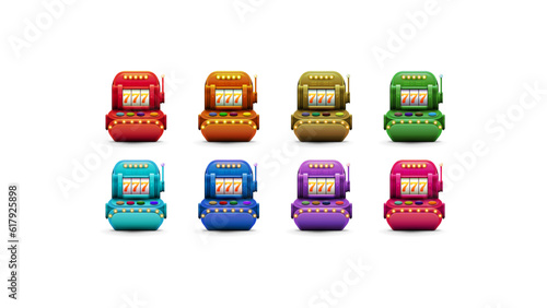 Large collection of volumetric slot machines with jackpots in cartoon style isolated on white background for your arts