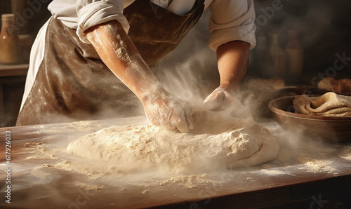 a person makes bread on top of a mixing board, in the style of foreshortening techniques.. Generative AI photo