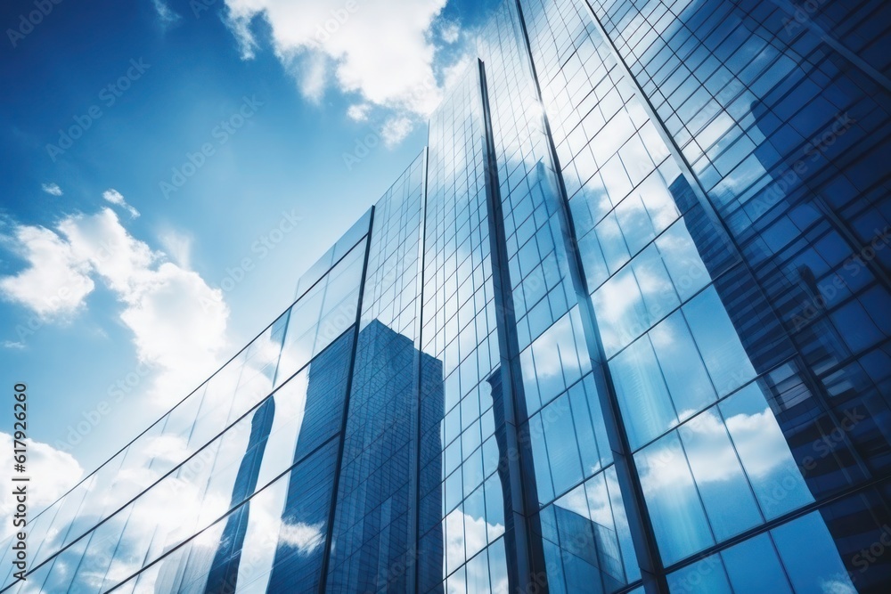 Reflective urban beauty: Low-angle shot of glass curtain wall details on skyscrapers, where windows reflect the serene blue sky and fluffy white clouds, merging architecture and nature. Generative AI Reflective urban beauty: Low-angle shot of glass curtain wall details on skyscrapers, where windows reflect the serene blue sky and fluffy white clouds, merging architecture and nature. Generative AI