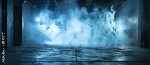 blue white floor with black lightning and steam, in the style of smokey background, light black and teal, post-apocalyptic backdrops. Generative AI