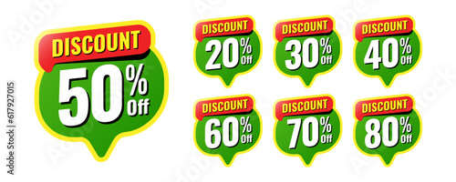 Discount buy now label pop-up banner green stickers with different sale percentage. 20, 30, 40, 50, 60, 70, 80 percent off price reduction badge promotion design emblem set vector illustration.