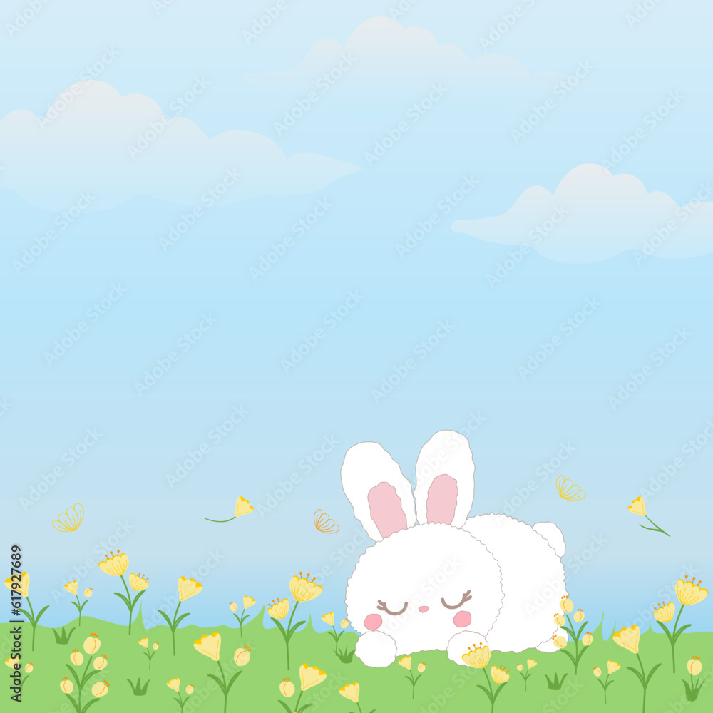easter bunny sleeping in the meadow flower field. bedtime bunny rabbit. Spring summer landscape