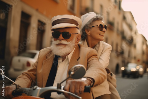 Happy seniors on holidays retired. Couple on scooter in Italy, Europe. Generative AI. Copyspace