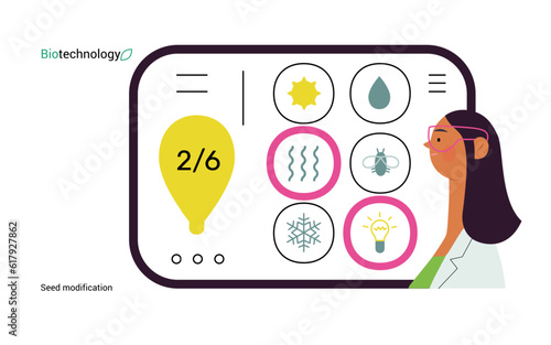 Bio Technology, Seed Modification -modern flat vector concept illustration of scientists choosing features for a seed, genetic modificated variants. Metaphor of direct impact of GMO on vegetation