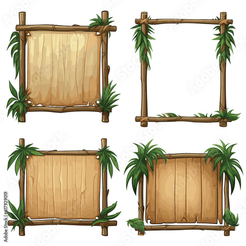 Set of wooden signboard bamboo frame parchment decorated with leaves and tree branches, game UI assets