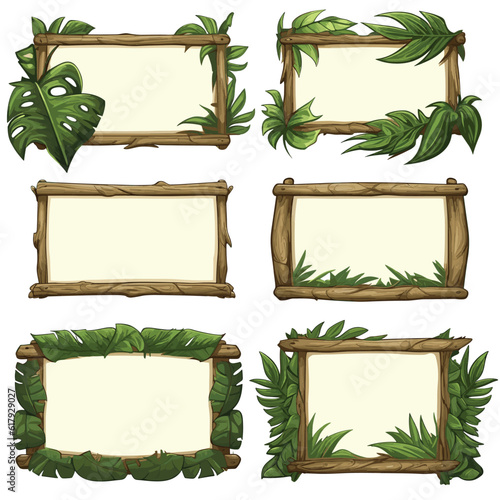 Set of wooden signboard bamboo frame parchment decorated with leaves and tree branches, game UI assets