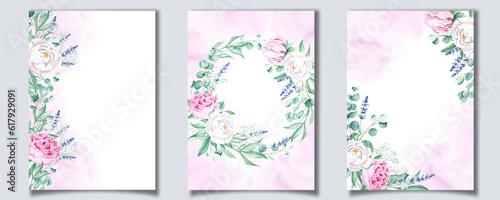 Set of floral background cards. Wedding invitation templates with white and pink peonies, eucalyptus, lavender and purple watercolor splashes. For save the date, greeting cards and cover design.