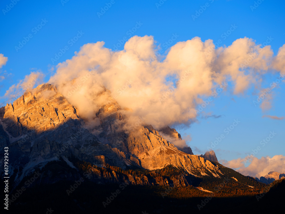 Sunset alpine landscape of Cristallo Mountain (3221m), Dolomites, Italy, Europe