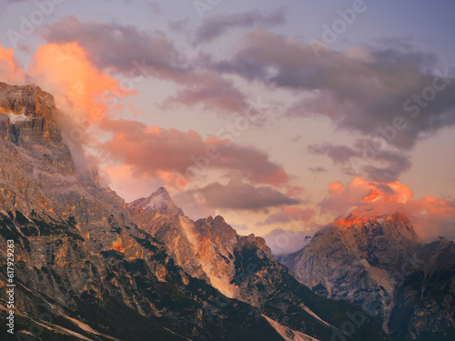 Fototapeta Naklejka Na Ścianę i Meble -  Monte Antelao, evening sunset wiew, South Tirol, Alps Dolomites mountains, Italy