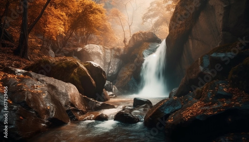 Tranquil scene of flowing water in a tropical rainforest ravine generated by AI