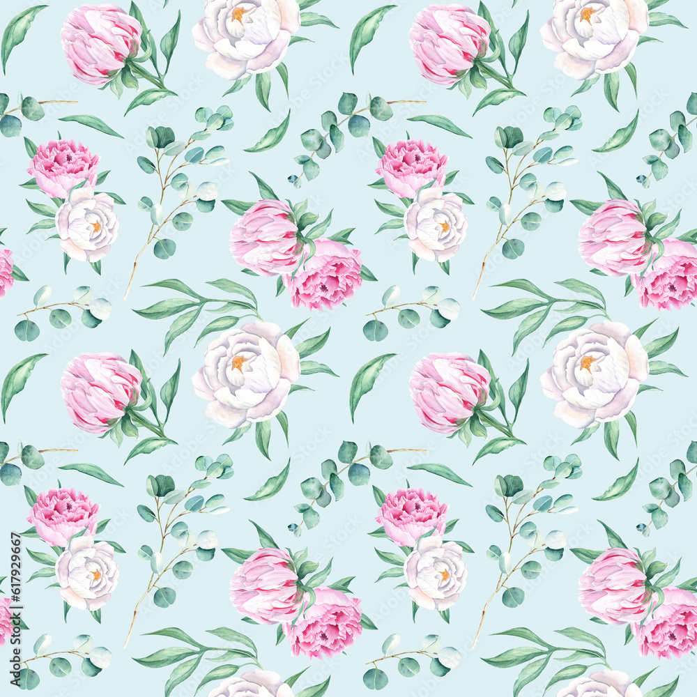 Seamless watercolor pattern with white and pink peonies, eucalyptus branches on blue background. Can be used for wedding prints, gift wrapping paper, kitchen textile and fabric prints.