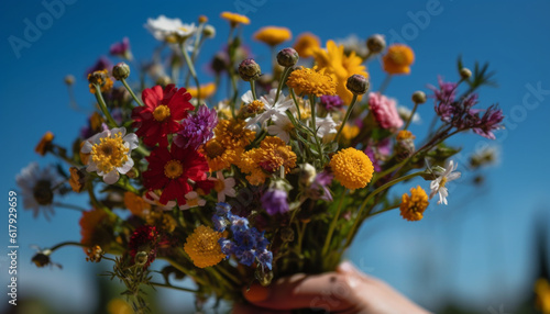 A multi colored bouquet of fresh flowers held by a woman generated by AI